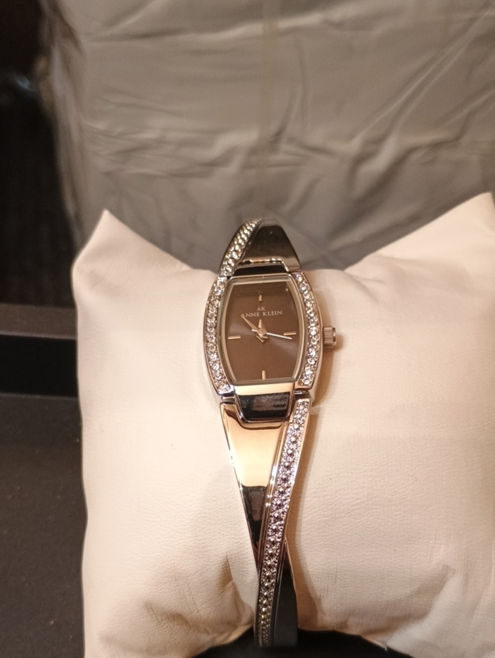 Anne Klein Crystal Rhinestone Accented Tonneau Bangle Dress Watch Black Dial